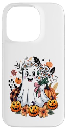 ヴィンテージのカボチャのハロウィーンを備えた面白い花の幽霊 スマホケース iPhone 14 Pro 用
