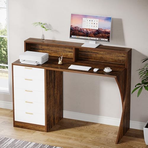 Image of Tribesigns Computer Desk with 5 Drawers, 47-Inch Home Office Desk with Monitor Stand and Printer Space, Modern Ergonomic PC Study Writing Table for Bedroom, Small Spaces, Rustic Brown & White