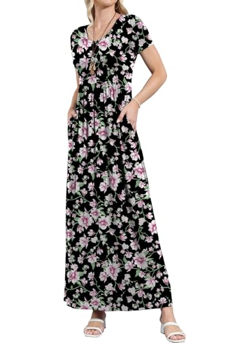Image of EUOVMY Women's Short Sleeve Loose Plain Maxi Dresses Casual Vacation Long Dresses with Pockets