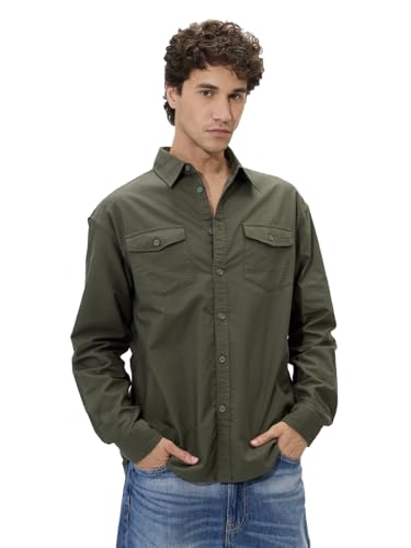 Image of The Souled Store Solids Off White Long Sleeve Collared Cotton Utility Shirts for Mens & Boys- Regular Fit with Classic Style