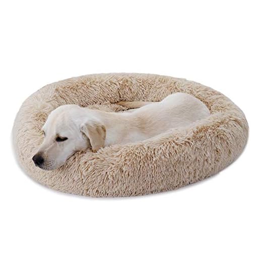 Nova Microdermabrasion Donut Dog Bed Calming Ultra Soft Shag Faux Fur Dog Bed Comfortable Donut Cuddler for Dogs and Cats,Self-Warming and Washable (30Inches, Beige)
