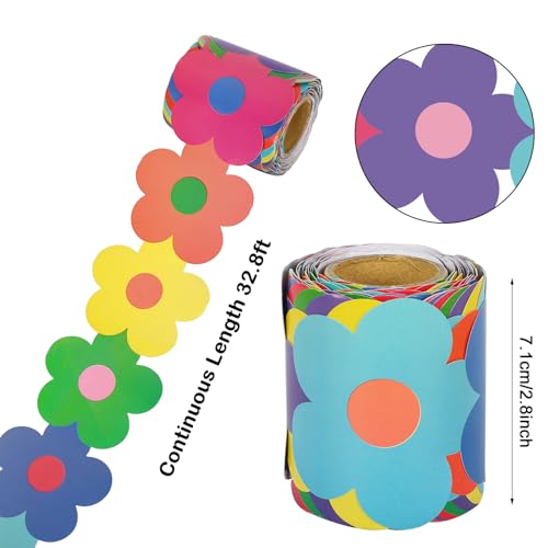 Image of Whaline 32.8 Ft Y2K Flower Bulletin Board Borders Colorful Boho Floral Die-Cut Rolled Bulletin Board Trim for Back to School Classroom Office Chalkboard