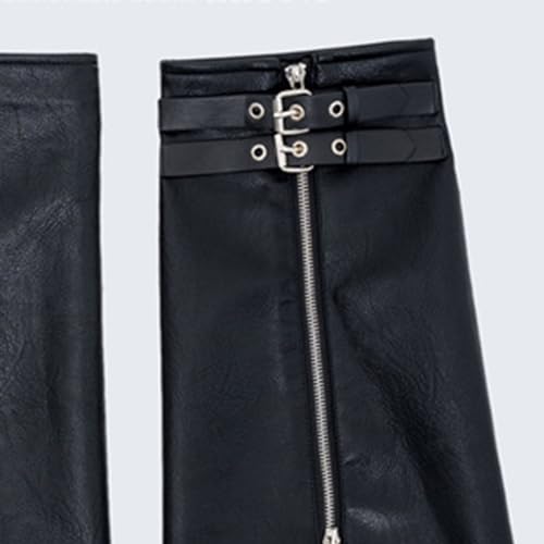 Women Harajuku Black PU Leather Leg Warmer with Eyelet Straps Punk Zippered Flared Leg Cover Sleeve Socks Streetwear4