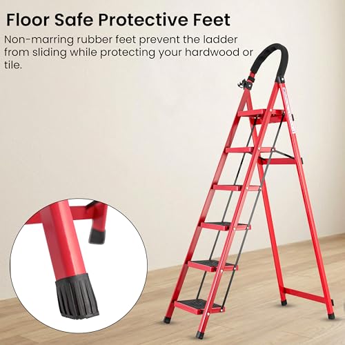 Image of Casa Copenhagen Red 6 Step Ladder for Home Use with Built-in Tool Tray | Heavy Duty D Shape Rods | Ultra Large Platform | Wide Rubber Feet | 150Kg Capacity Foldable Ladder - 7 Years Warranty