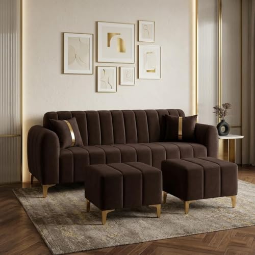 Image of FURNY Harmony 5 Seater L Shape Sofa Set with 2 Movable Ottoman & Golden Legs| Flexible Left or Right Layout | Plush Velvet Fabric (Dark Brown Color) | Perfect for Living Room, Guest Room & Office