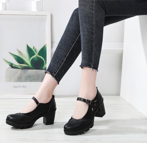 DADAWEN Women's Leather Classic Mary Jane Ankle Strap Round Toe Mid Heel Platform Pumps Oxfords Dress Shoes3