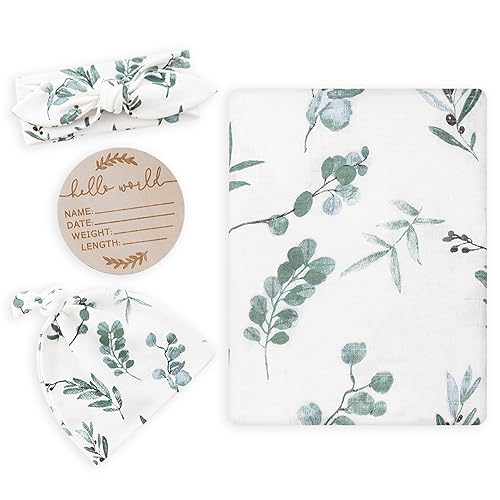 BabyWhale Muslin Swaddle Blanket with Hat and Headband Bow, Boho Green Eucalyptus Leaves Swaddle Set for Newborns, Breathable Receiving Blanket Wrap, Large 47x47 inches