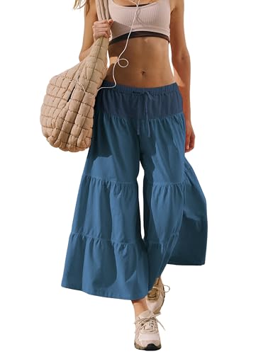 Hooever Women Wide Leg Palazzo Pants Flowy Boho Drawstring Waist Ruffle Hem Capris Bloomer Trousers