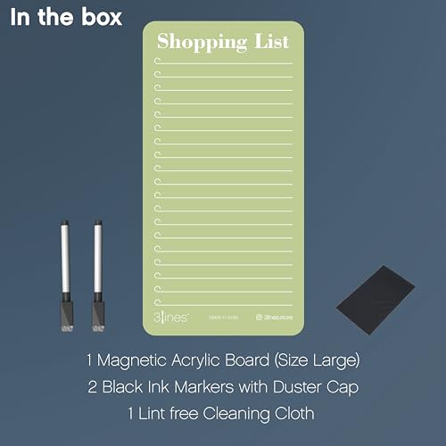 Image of 3 Lines Shopping List Fridge Magnet with Marker|Smart Planning & Shopping for Family, Working Professionals|to Do List| Acrylic Magnetic Notepad for Kitchen Organisation|12x24 cms|Kiwi Color|Large