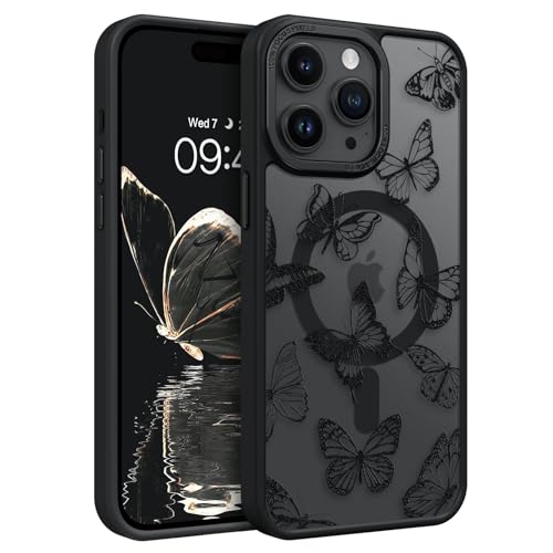 Coque iPhone 14 Pro MagSafe noire translucide à motif papillon par BENTOBEN