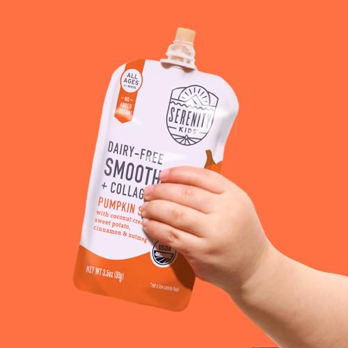 Image of Serenity Kids Organic Pumpkin Smoothie Pouches, 5g Protein, 3.5 Oz, 6 Pack | More Filling Snack Time, No Added Sugar, Organic Baby Food Pouches, Toddler Snacks, Baby Puree, Toddler Food Pouches,