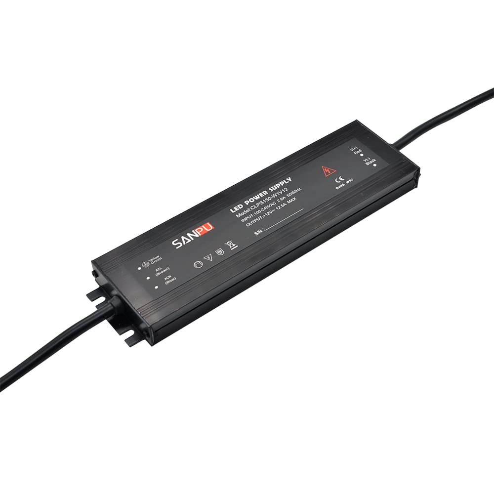 12 Volt Waterproof LED Power Supply 12V DC 150W 12A IP67 110V 220V AC-DC Lighting Transformer Driver Thin Slim Aluminum (SANPU CLPS150-W1V12)
