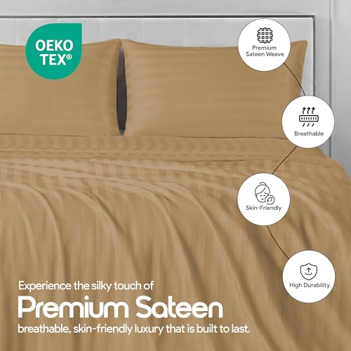 Image of LINENWALAS Cotton 300 Thread Count King Size Bedsheet Set | 2 cm Sateen Stripe Design | Cloud-Soft, Breathable & Skin-Safe | Oeko-TEX Certified Hotel-Style Bedding (108 x 108, Beige)