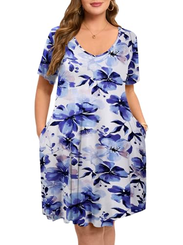 Image of ZENNILO Women's Plus Size Swing Dress with Pockets Casual Summer Dresses V Neck Short Sleeve T Shirt Dress for Women