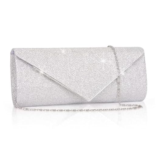 Larcenciel Bolsos Clutch Brillante con Cadena Desmontable, Bolsos de Mano de Lentejuelas con Purpurina, Bolso Bandolera Carteras para Fiesta de Noche, Boda, Mujer (Plata)