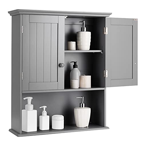 COSTWAY Hängeschrank Medizinschrank, Wandschrank mit Doppeltür, Badschrank Küchenschrank Unterschrank mit Einstellbarer Ablage, Schrank für Badezimmer Küche Eingangsbereich (Grau)