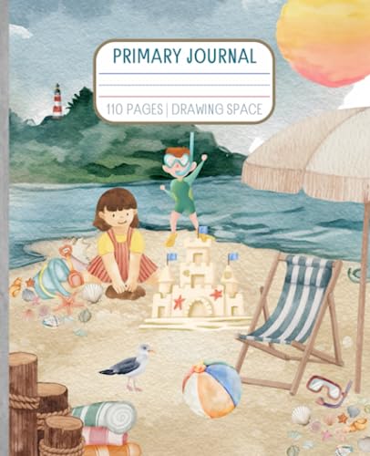Primary Composition Journal | Watercolor Artwork: Beach | Grades K-2 | Story Journal | Dotted Midline | Picture Space | Black & White Edition: 7.5” x 9.25” Size | 110 Pages image 2