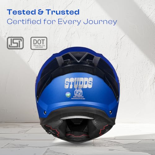 Image of STUDDS Helios ISI and DOT Certified Full Face Helmet with Antifog 100 Lens, Sporty Spoiler (MATT Blue - XL)