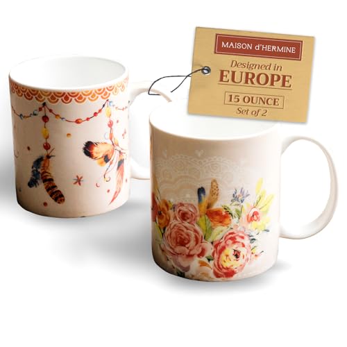 Maison d' Hermine Coffee Mug with Handles Fine Bone China Pack of Two Coffee Mug for Hot Beverages Cappuccino Latte Home Restaurant Perfect for Men & Women (Ibiza - Beige, 15 Ounce)