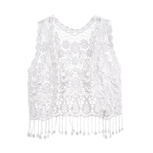 Image of Girls Crochet Vest Cardigan with Fringe V-Neck Sleeveless Boho Vest Hollow Out Cardigan