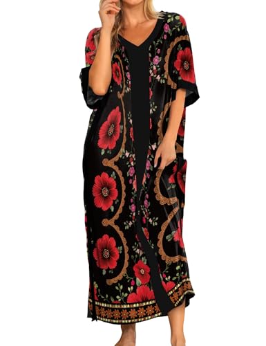 Image of Bloggerlove Women Nightgowns Cotton Caftan House Dress Short Sleeve Sleepwear Vacation Beach Moo Moos Dress with Pockets