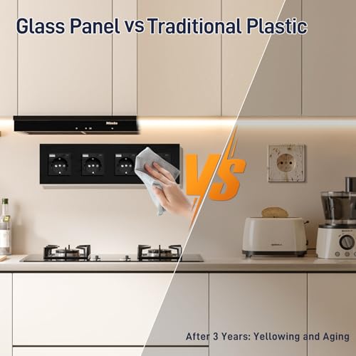 BSEED USB Steckdose Vierfach Schwarz Schuko Steckdose mit USB Anschluss (Max. 2.1A) Typ C Port Unterputz Steckdose Glas Schutzkontakt-Steckdose Ladeger&auml;t f&uuml;r Handys, Laptops etc