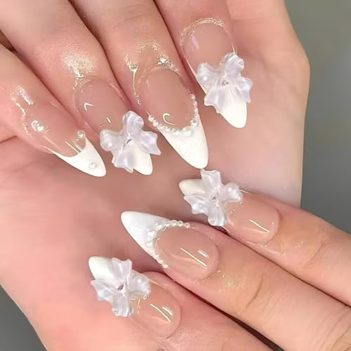 White French Tip Press on Nails Medium Almond Fake Nails with 3D ...