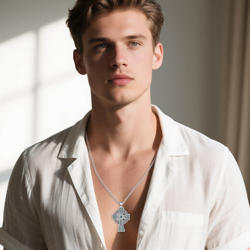 YAFEINI Celtic Cross Necklace for Men 925 Sterling Silver Celtic Cross Pendant Necklace Viking Irish Jewelry Religious Gifts for Women Men4