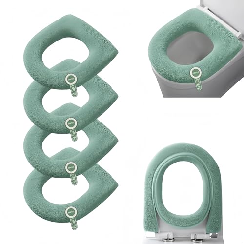4-Pack Bathroom Washable Toilet Seat Cover Pads - Universal Fit for Elongated/Round Toilets, Winter Warmth & Summer Breathability for Family Bathroom Comfort (Dark green)