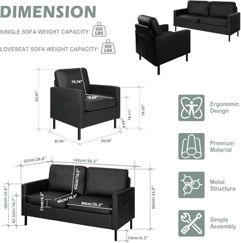 Image of STHOUYN Modern 2 Piece Faux Leather Couch and Chair Set, 56 Inch, USB Ports