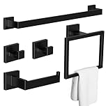 BREEZENEST 5-Piece Bathroom Accessories Set – Matte Black 304 Stainless Steel Towel Rack, Toilet Paper Holder, Towel Ring & Hooks – Waterproof, Rustproof, Easy Install