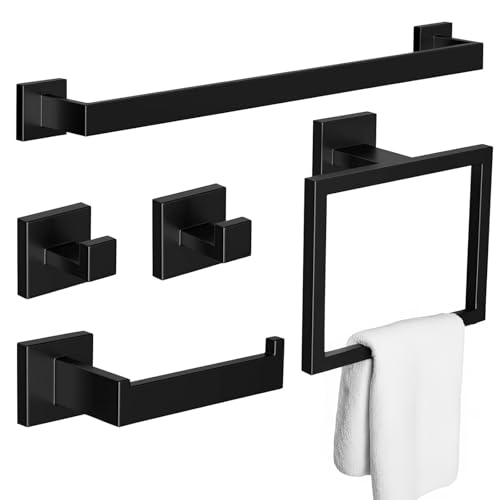 BREEZENEST 5-Piece Bathroom Accessories Set – Matte Black 304 Stainless Steel Towel Rack, Toilet Paper Holder, Towel Ring & Hooks – Waterproof, Rustproof, Easy Install