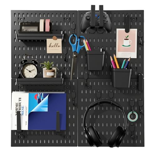 Hellpnoom Pegboard Combination Kit, Modular White Pegboard Wall Organizer with 4 Pegboards & Accessories Hanging for Gaming Office Wall Storage Organizer, Crafts Displays (Black)