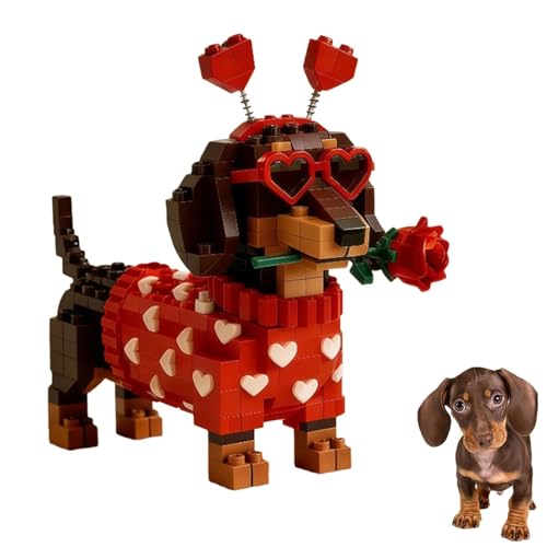 Kit De Briques Teckel Saint-Valentin 2026 – Figurine 3D à Assembler, Chiot Avec Pull Cœur Et Rose, Modèle De Collection Pour Adultes Et Amoureux Des Chiens