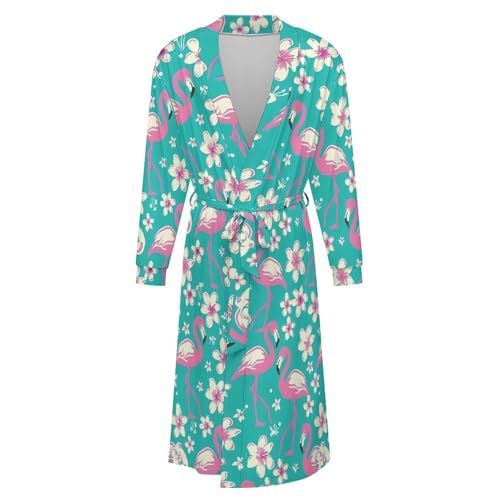 Flamingo Cherry Flowers Soft Robe Long Sleeve Bathrobes V Neck Sleepwear Spa Robes with Belt Men Woman4