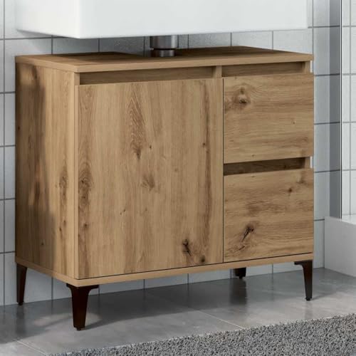 SooIarix Mueble bajo lavabo de roble Artisan, 65 x 33 x 60 cm, de madera, con 2 cajones y puerta, montaje flexible, para baño y aseo de invitados