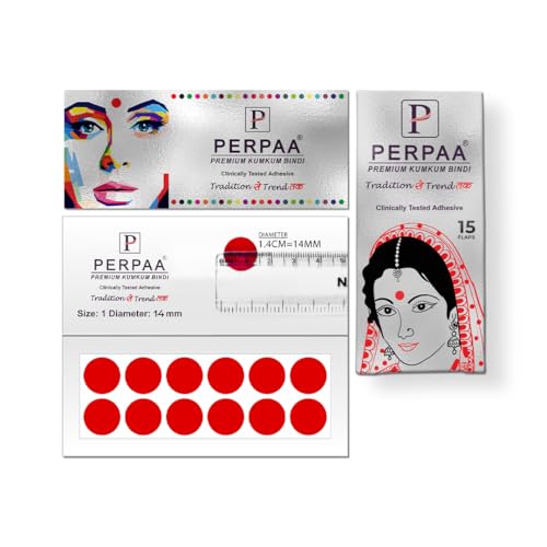 Image of PERPAA Premium Velvet Sticker Kumkum Bindi Box of 15 Flaps - Pottu for Women,Ladies, Girls (Size 01, Diameter 14mm, Red)