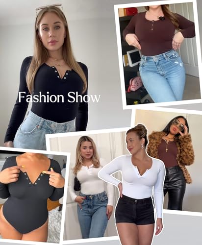Image of Popilush Long Sleeve Shapewear Bodysuit Tummy Control Henley Button Up Modal Scoop Neck Body Suit Tank Tops