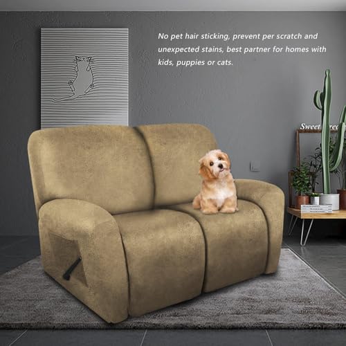 Image of molasofa Loveseat Recliner Slipcover - 6 Pieces Stretch Leather Like Recliner Sofa Cover for 2 Seat Dual Reclining Loveseat Couch, Furniture Protector with Elastic Bottom (Mustard)