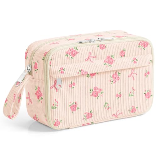 Image of WOBAGMEN Cute Pencil Case,Large Corduroy Zippered Pencil Case Pouch, aesthetic Pencil Bag with Compartments(Pink Bow Floral)