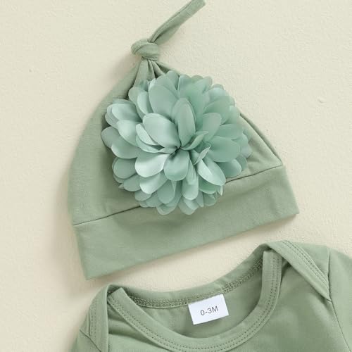 Image of KMBANGI Newborn Baby Boys Girls Knotted Gown Hat Set Long Sleeve Crew Neck 3D Flower Infant Sleeper Baby Sleep Gown (Green, 0-3 Months)