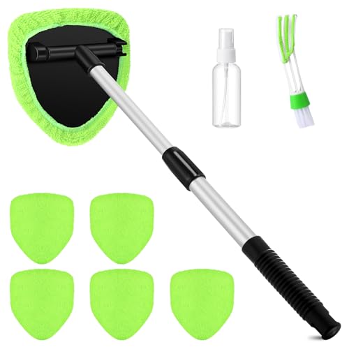 Potchen 8 Pcs Car Windshield Cleaner Tool Kit with Extendable Handle, Microfiber Towel Pads, Brush, Empty Spray Bottle for Auto Glass Wiper Suvs Rvs & Home Windows (Green) by Potchen - Used condition - US$8.01