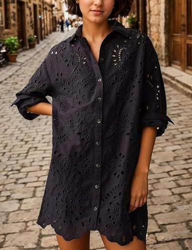 Image of CHARTOU Women Eyelet Lace Dress Button Down Shirt Loose Fit Summer Casual Mini Dress