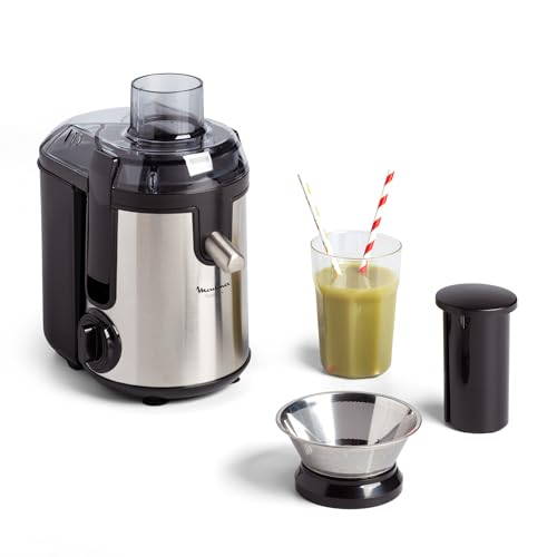 Moulinex Frutelia + Extracteur de jus, 400 W, 2 vitesses +‏ Pulse, Centrifugeuse compacte, Collecteur de pulpe 950 ml, Système anti-goutte, Compatible lave-vaisselle, Noir/Inox, JU420D10