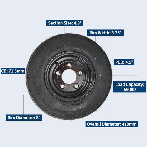Garvee 2-Pack Heavy Duty Trailer Tire and Wheel Set β 4.80-8 Size, 6PR Load Range C, 5 Lug, 8" Black Rims β All-Weather, Fits Utility, Boat, Camper, Cargo Trailers β Specs: 4.80-8 6PR 5 holes, With - 4
