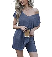Ekouaer Womens Pajamas Summer 2 Piece Sets Knit Loungewear V Neck Cap Sleeve Workout Sets Biker S...