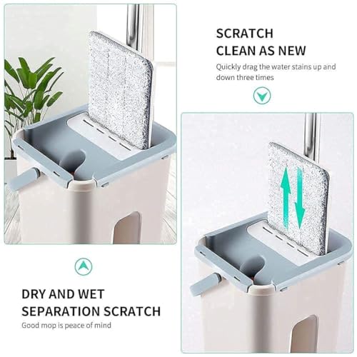 Image of 2 in 1 Scratch Moop for Floor Cleaning Long Handled Microfiber Flat Mop with Bucket Cleaning Squeeze Hand Free Floor Mop Extra 2 Reusable Moop Pads (A2)
