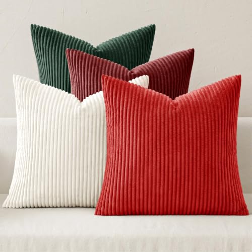 Image of MIULEE Corduroy Decorative Throw Pillow Covers Christmas Red White 18x18 | Set of 4, Mordern Christmas Decor, Classic Red White Green Set, Boho Farmhouse Cushion Covers for Couch Bed Sofa Living Room
