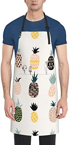 VUCEMI Pineapple Printed Apron Waterproof Adjustable Bib Apron Cooking with Pocket Durable Aprons For Kitchen Gardening