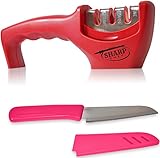 SharpChef 3-Stage Knife Sharpener (Incl. Free Chefs Blade) Professional Results for Steel & Ceramic Blades. Red